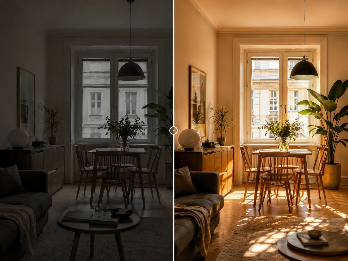 Online photo editor case correcting dark lighting in an interior room photo.