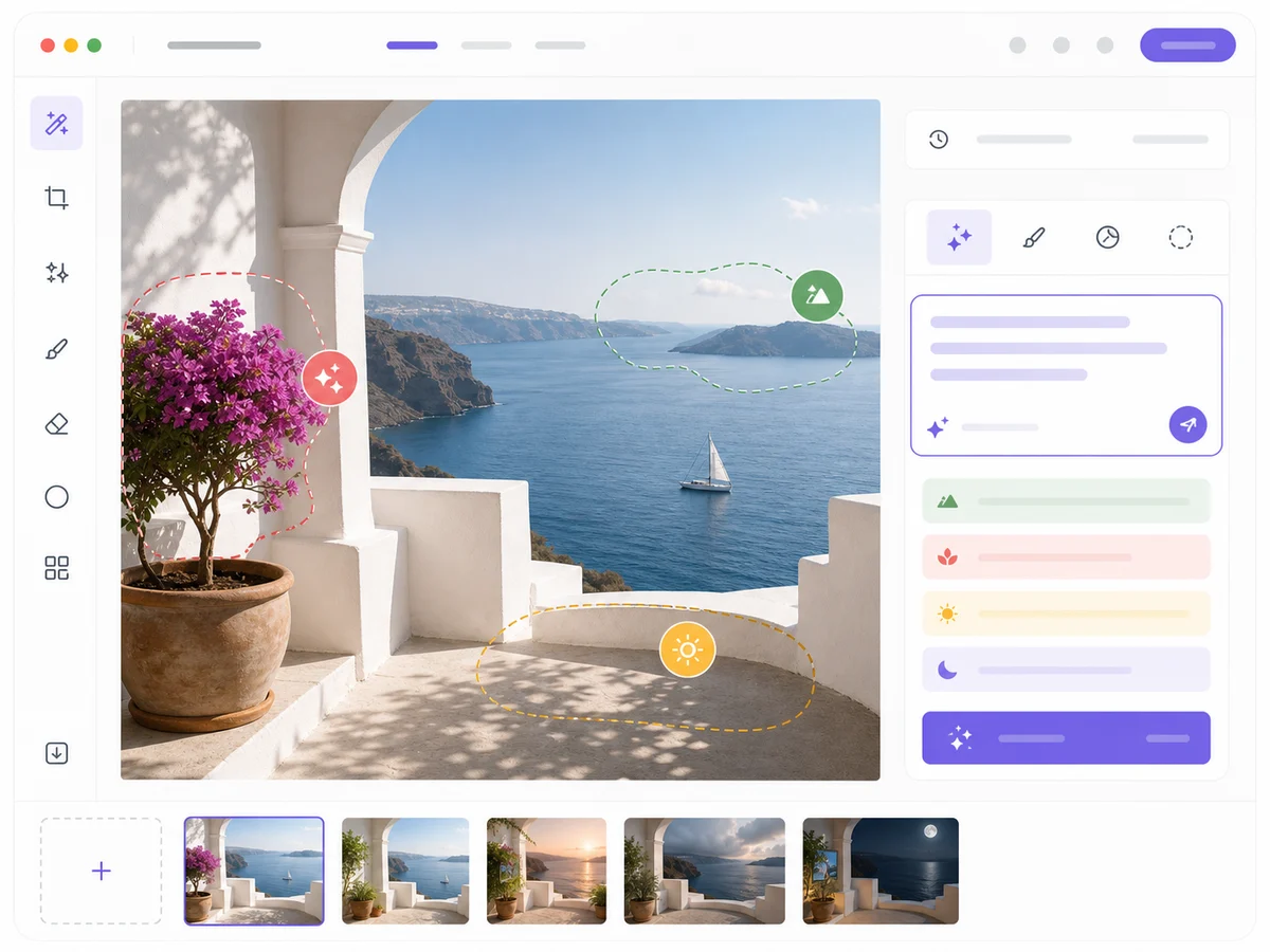Photo editor prompt step with annotated image edits and text instructions.