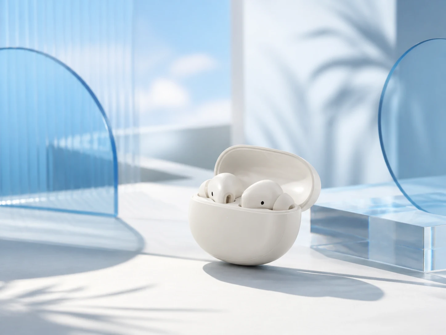 Prompt image tool campaign still with a bright unbranded earbuds case.