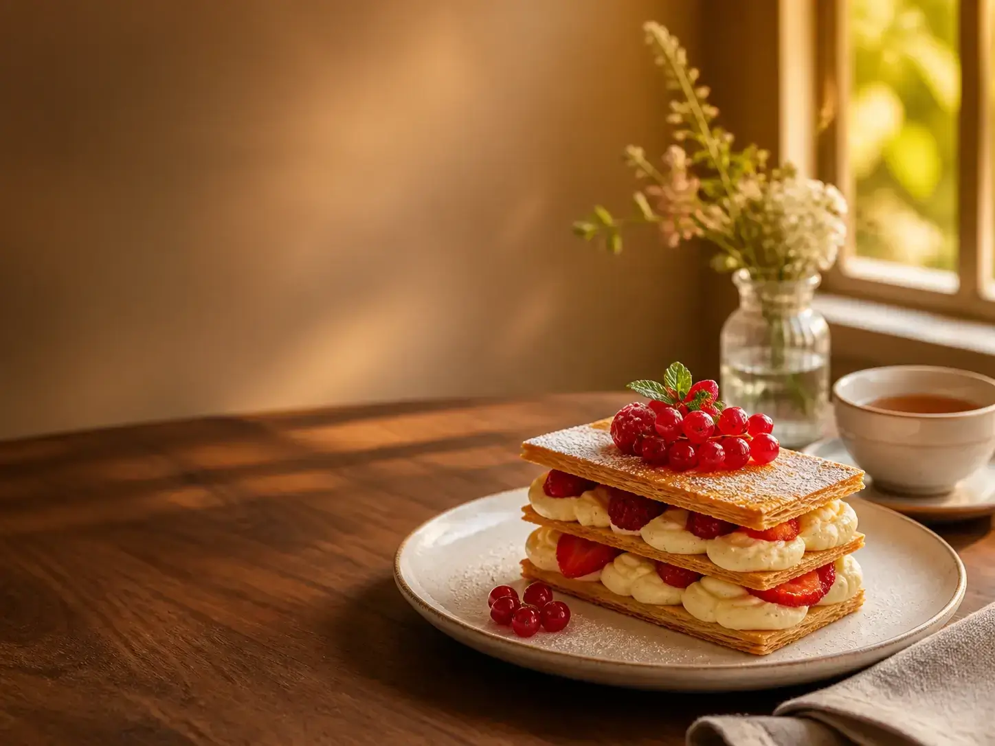 Konsep kampanye dessert restoran dengan pastry yang disajikan, buah mengkilap, dan cahaya jendela hangat.