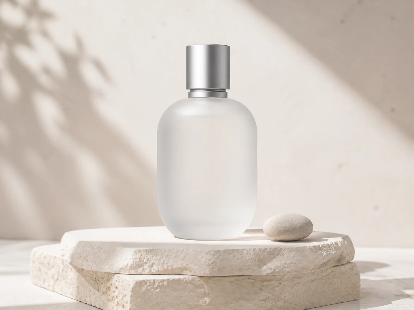 AI text to image listing concept with a frosted white fragrance bottle.