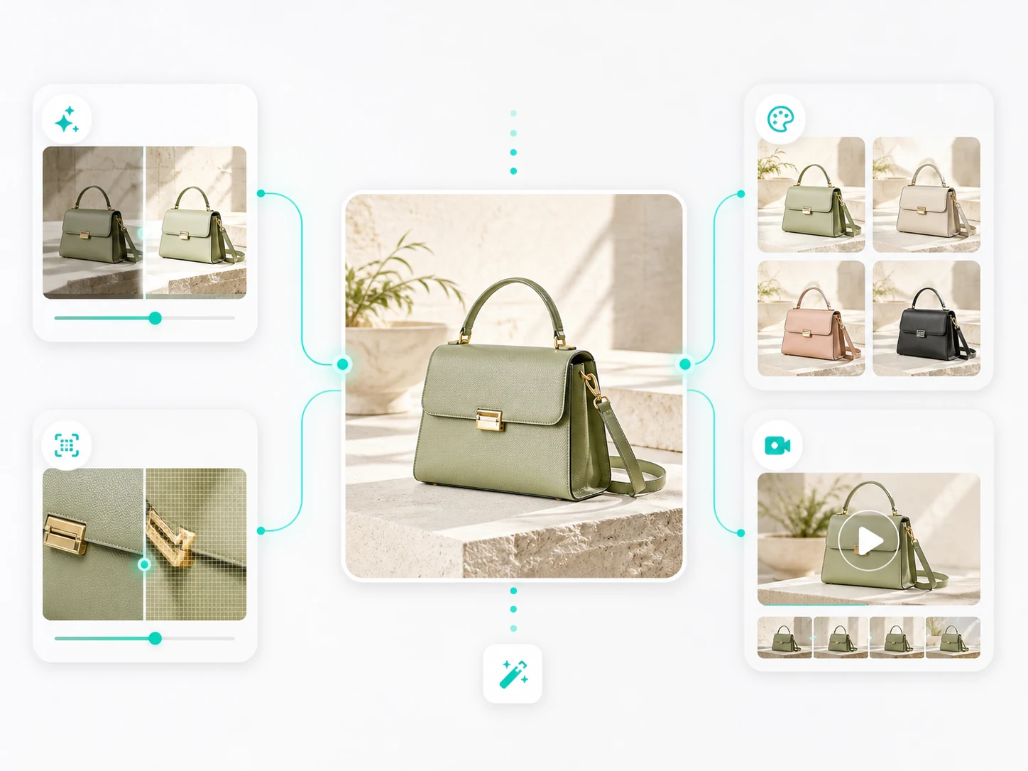 Generated image continuing into enhancement, upscaling, style, and video workflow nodes.
