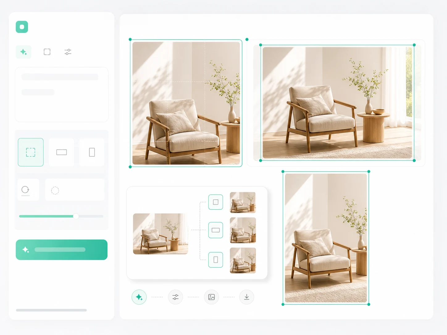 AI image generator output reframed into square, landscape, and portrait formats.