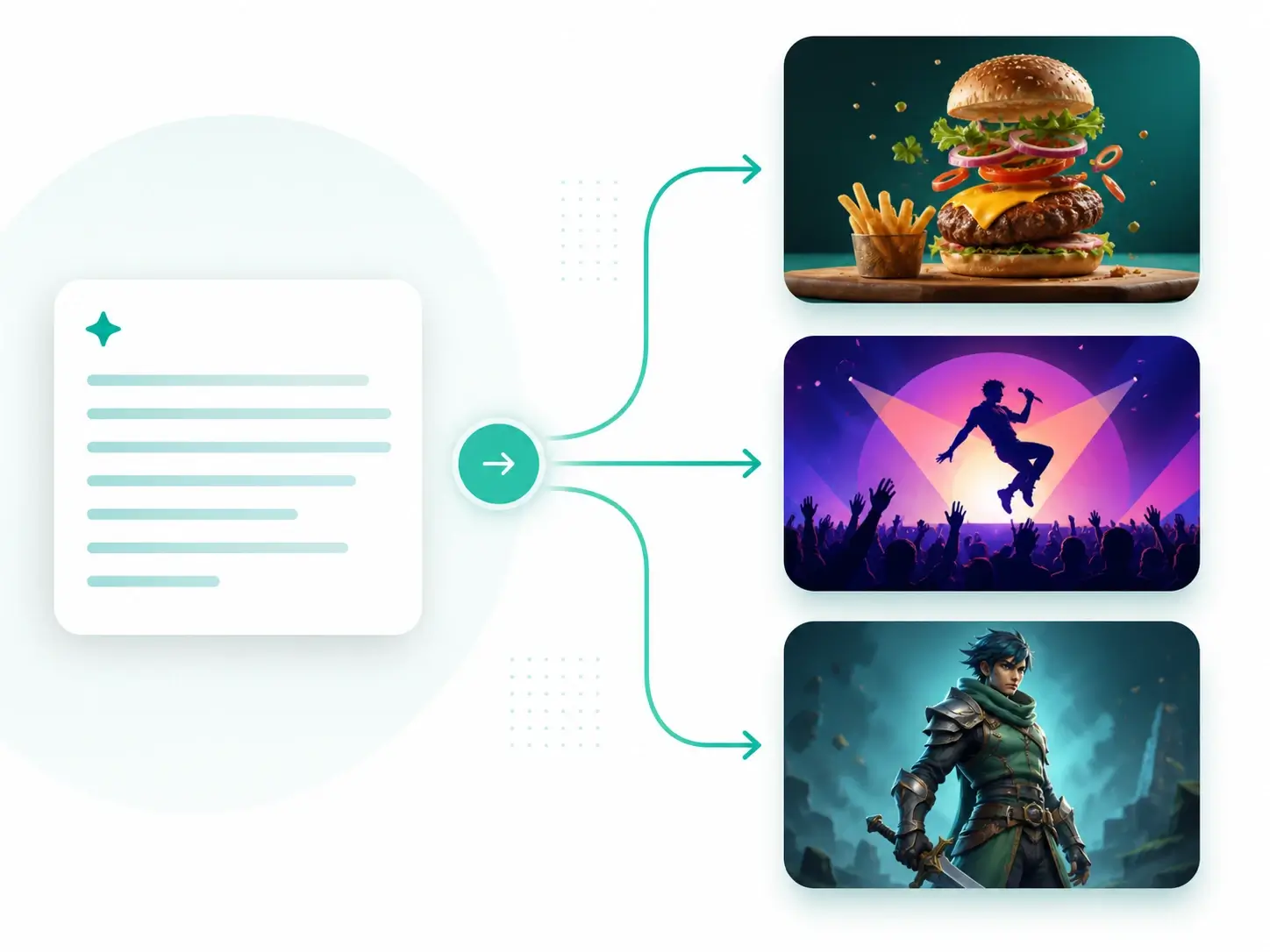 Prompt tertulis bercabang menjadi arah visual makanan, acara, dan game tanpa gambar sumber yang diunggah.