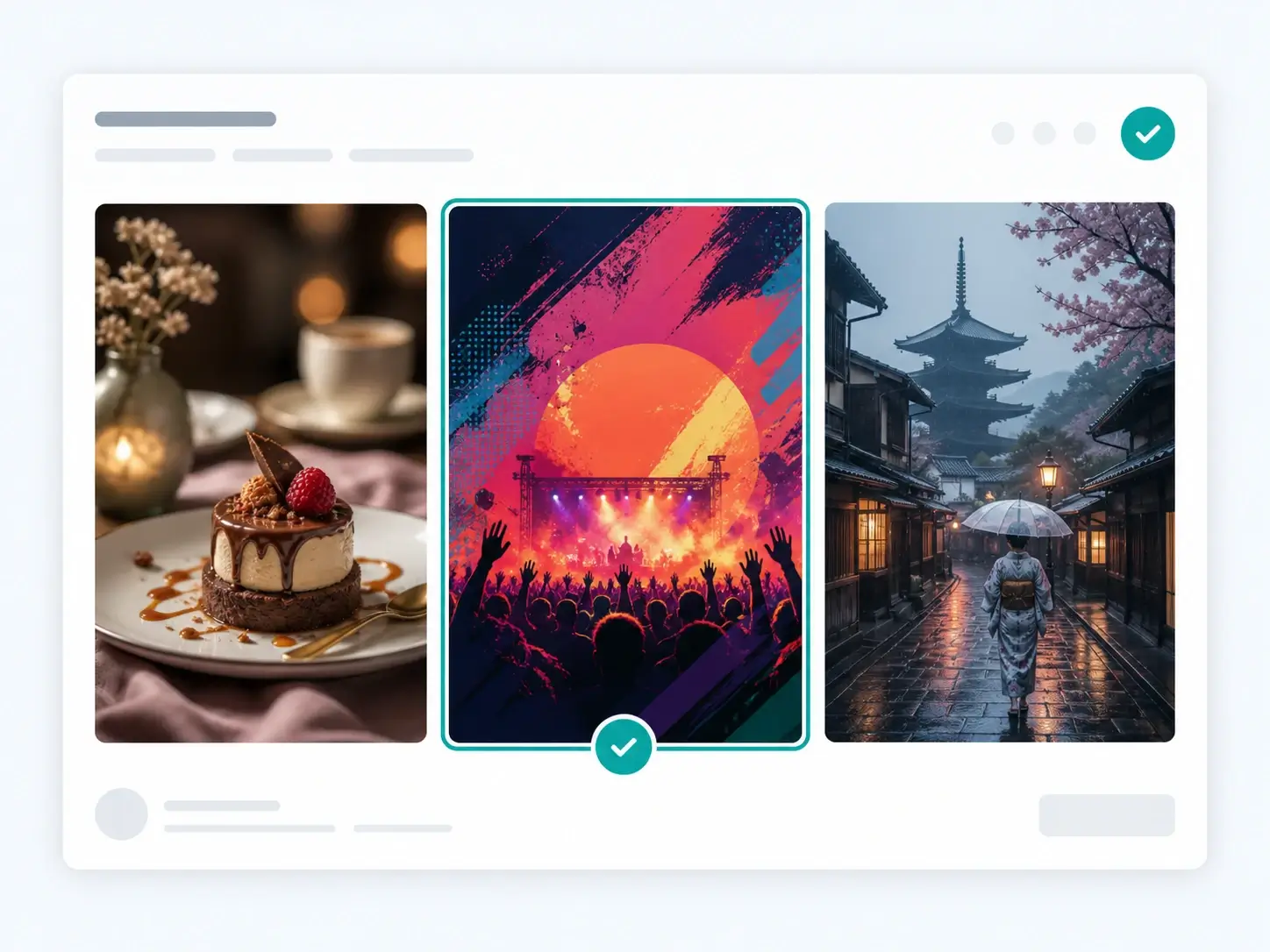 Papan tinjauan kreatif membandingkan arah visual iklan makanan, festival musik, dan sampul travel.
