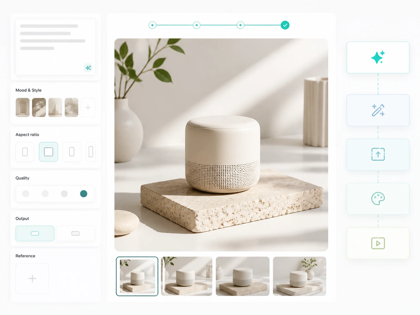 Text to image result step showing a bright generated product asset ready for more edits.