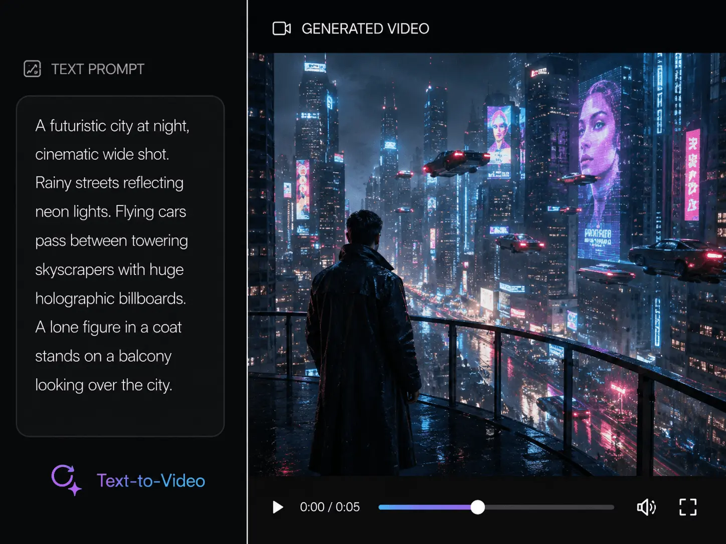 AI text to video generator preview for turning prompts into short clips.