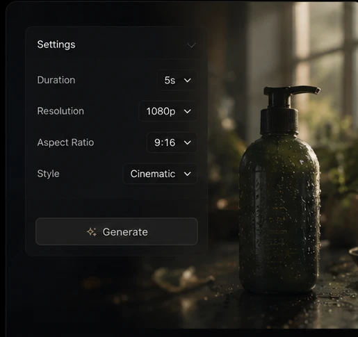 Text to video settings step choosing duration, resolution, and aspect ratio.
