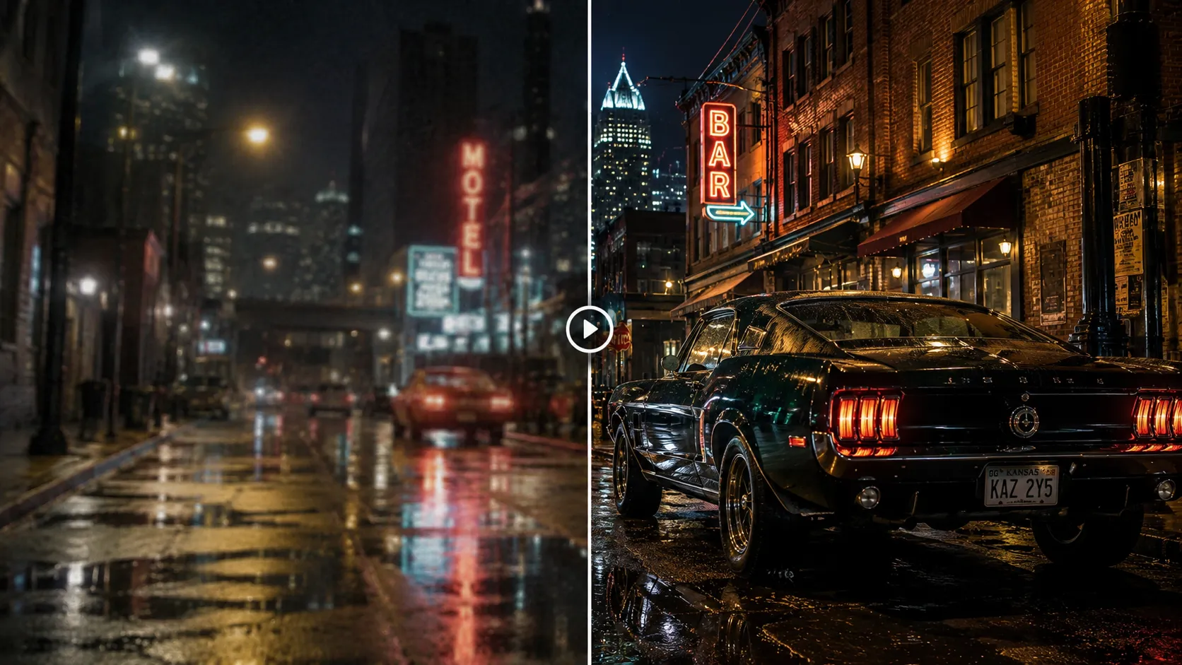 Video enhancer feature restoring clarity in a dark city street frame.