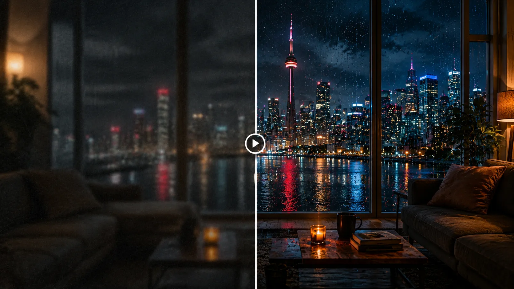 Video enhancer feature repairing compression in a rainy city skyline frame.