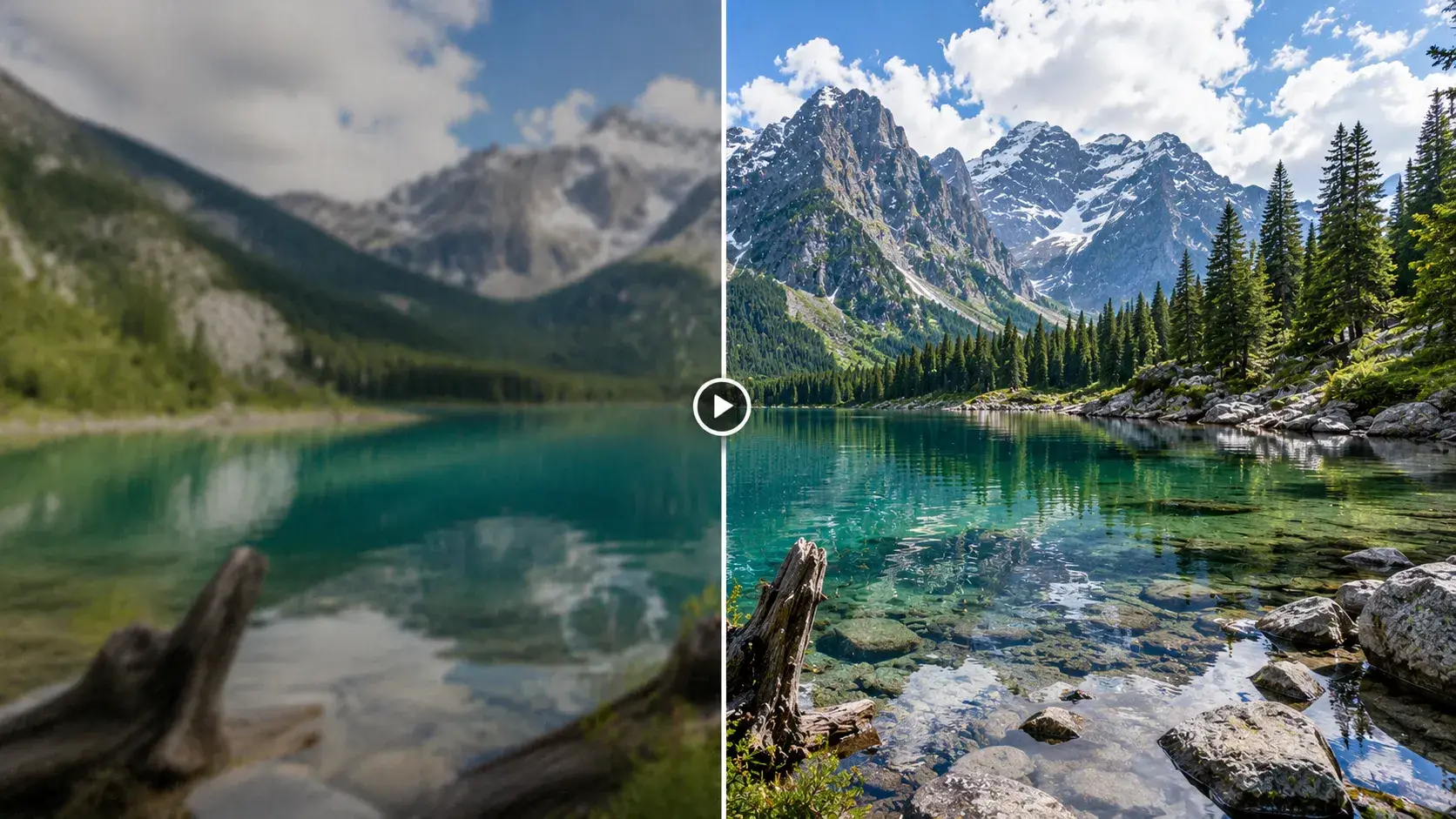 Video enhancer feature cleaning motion detail in an alpine lake frame.