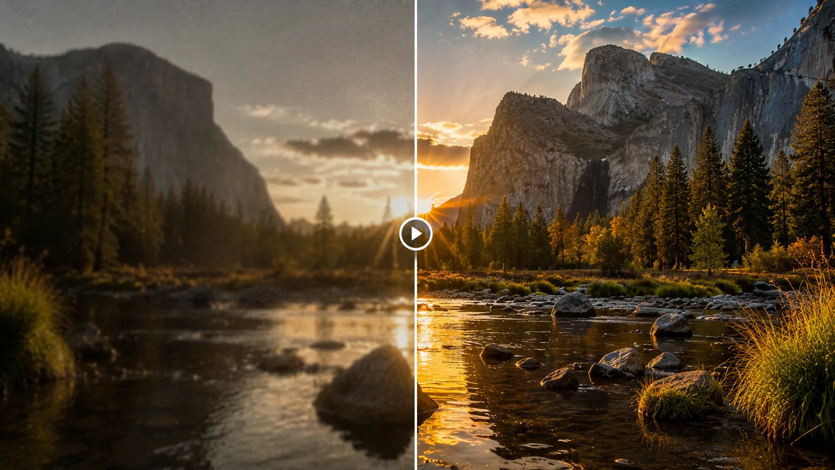 Video upscaler feature sharpening mountain landscape detail for HD output.