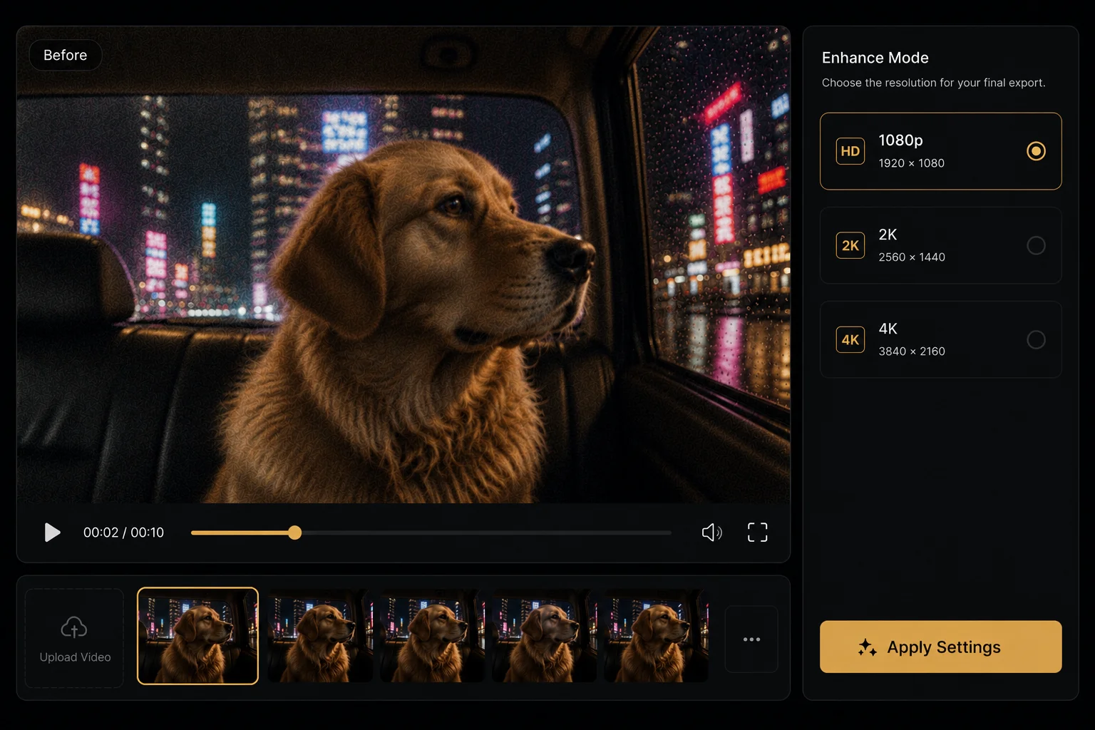 Video enhancer settings step choosing upscale quality for a clearer clip.