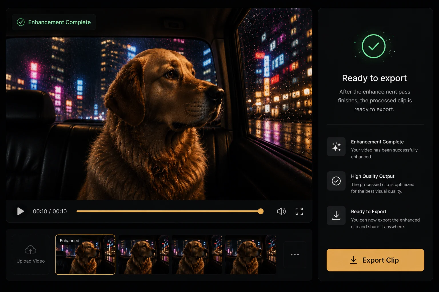 Video enhancer export step showing enhanced footage ready for download.
