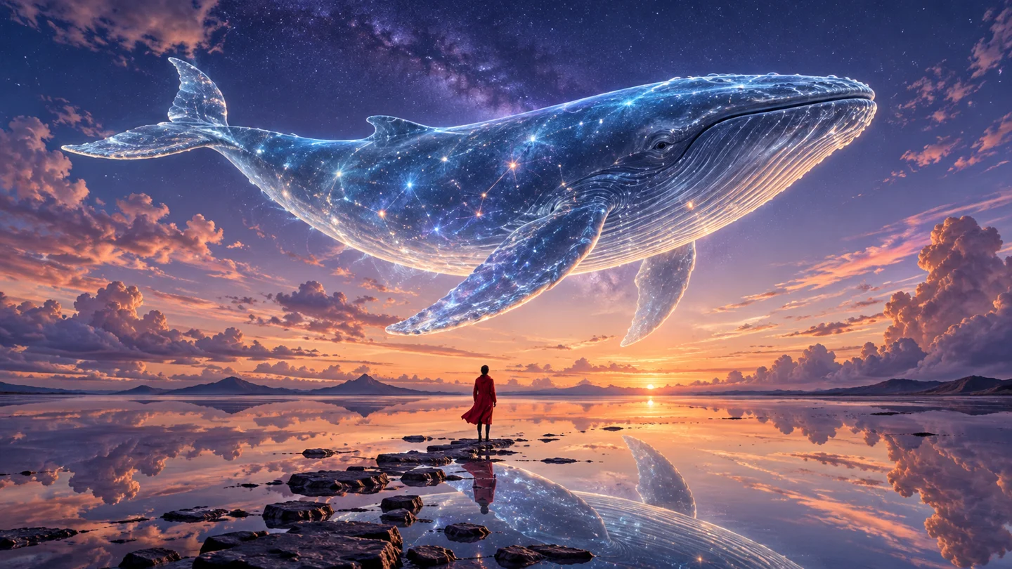 示例源图:星光巨鲸悬浮在夕阳下的镜面水面上方,红衣人物站在浅水中。